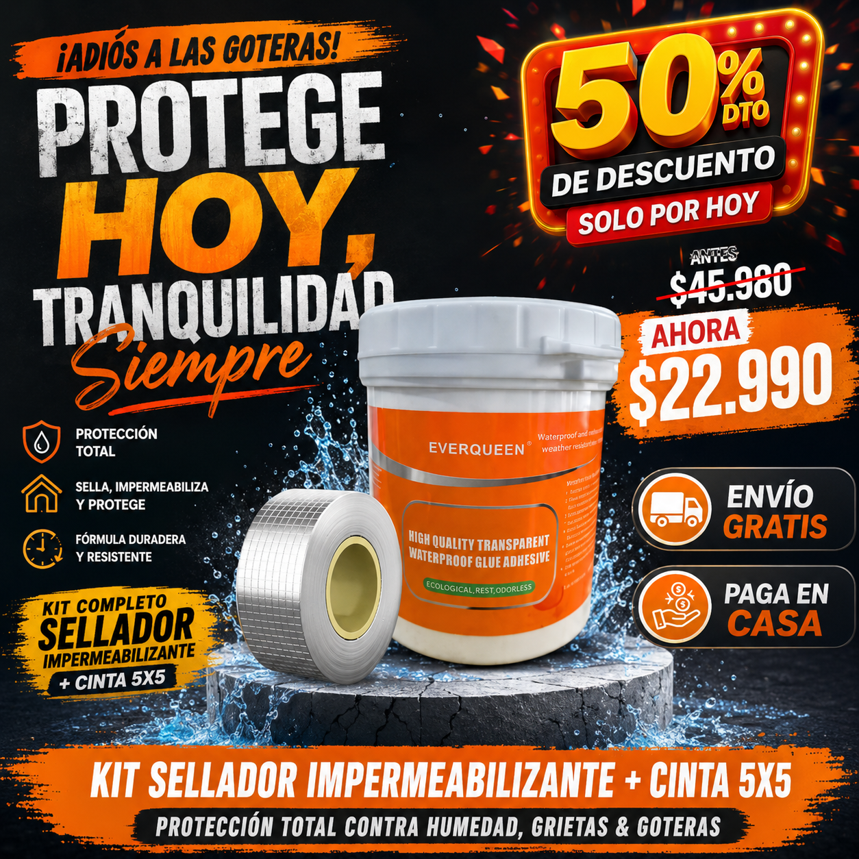 WaterShield Kit™ – Sellador Impermeabilizante + Cinta 5x5 | Protección Total contra Humedad, Grietas & Goteras