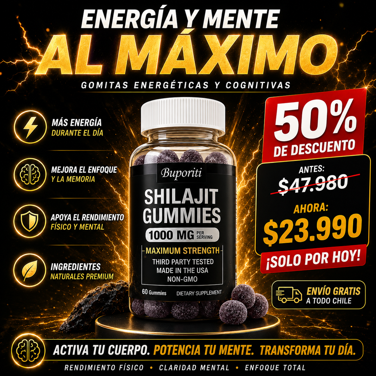 GoldMines™ – Shilajit Máxima Potencia / Vitalidad Ancestral, Energía Premium & Bienestar Total