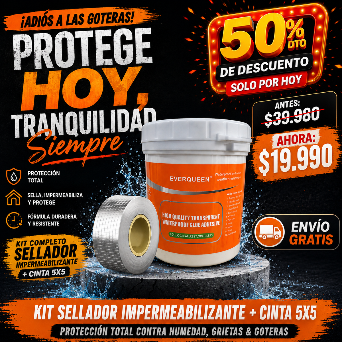 WaterShield Kit™ – Sellador Impermeabilizante + Cinta 5x5 | Protección Total contra Humedad, Grietas & Goteras