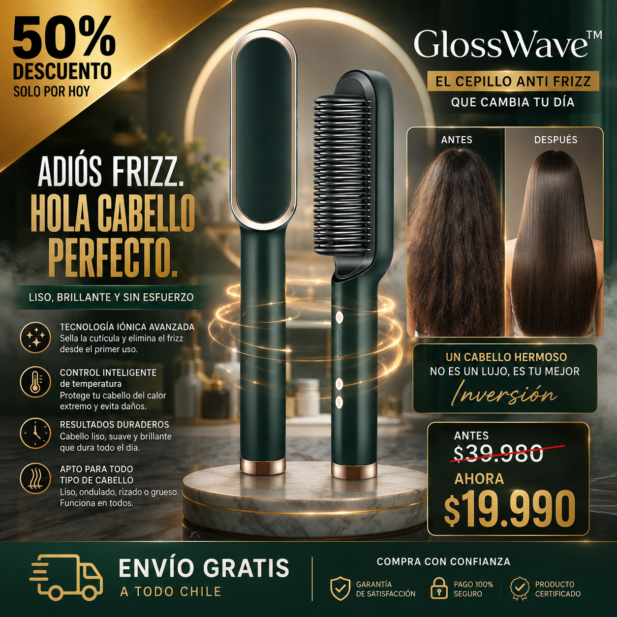 GlossWave™ – Elimina el frizz y da brillo profesional en una sola pasada